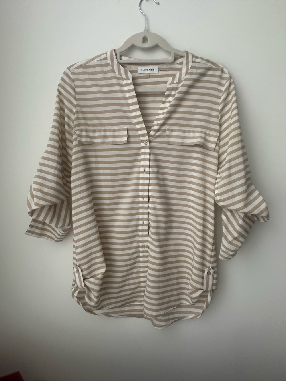 Calvin Klein Beige and White Striped V-Neck Roll-Sleeve Blouse